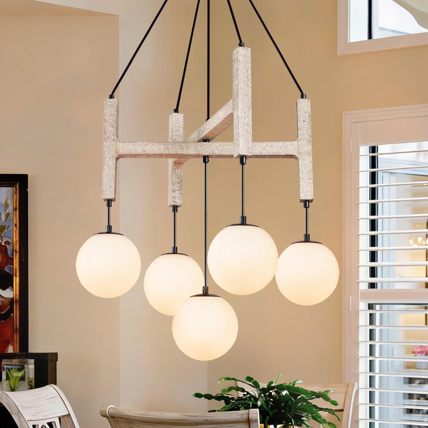 Dining Room Light Fixture 19.7" Wood Chandelier with Rustic Milk White Glass Globe Farmhouse Chandelier, 5-Light Hanging Pendant Light Fixture for Kitchen Island Living Room Extryway Stairwell