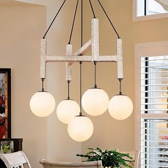 Large Farmhouse Wood Chandelier L19.7 Milk Glass Rustic Pendant Light | 5 Light Mid Century Modern Chandelier Vintage Foyer Lighting Fixture for Kitchen Living Room, Height Adjustable, E12 Bulb