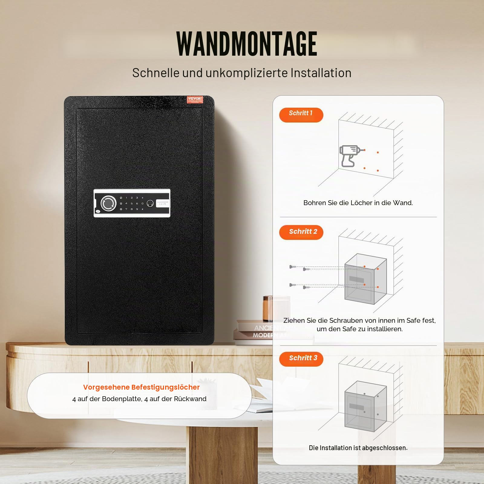VEVOR Safe Tresor mit feuerfester Geldtasche, Einzeltür-Safe 5,5 Kubikfuß, 2 Trennwände, digitaler Möbeltresor mit Schlüssel Code Fingerabdruck, Wertsachenbox für Geld Schmuck, Geldtresor Schwarz