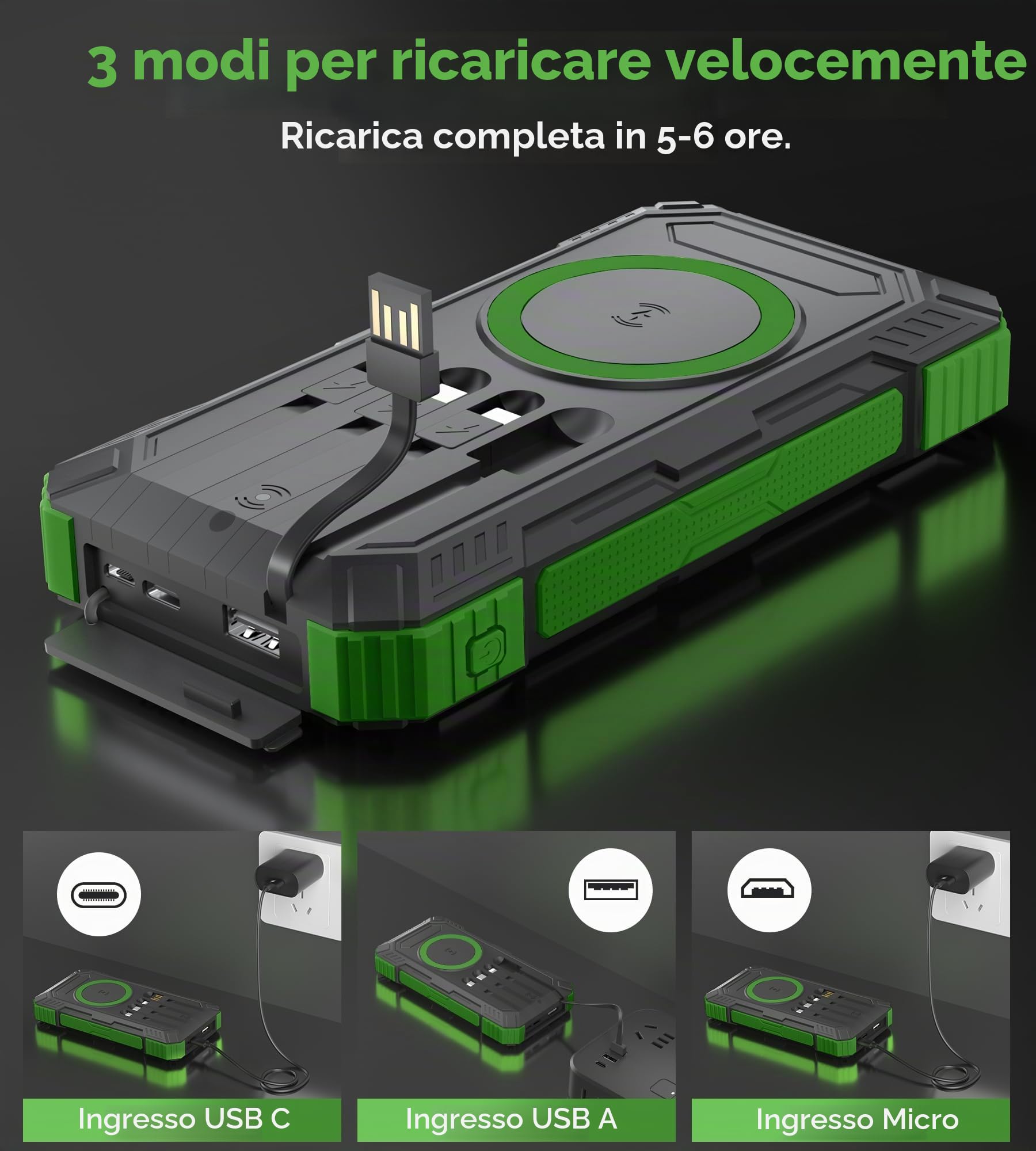 56800mAh Power Bank Solare Wireless, 30W Power Bank Ricarica Rapida, Caricatore Portatile con 4 Cavi Integrati, 6 Uscite, Torcia, Powerbank per Campeggio, Outdoor, Cellulare, Tablet (Verde)
