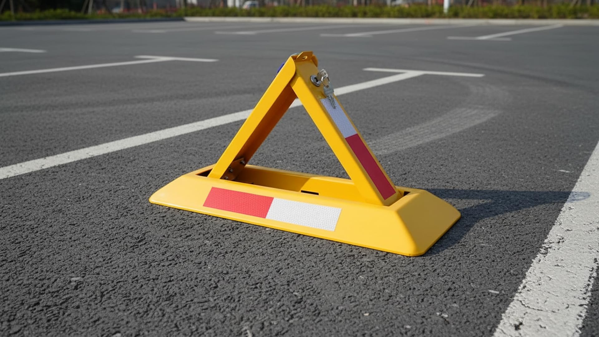 FERPASA® - Barrera de Parking Triangular Termolacada con Cerradura, Porta-candado y Bandas Reflectante - Valla de Aparcamiento Triangular