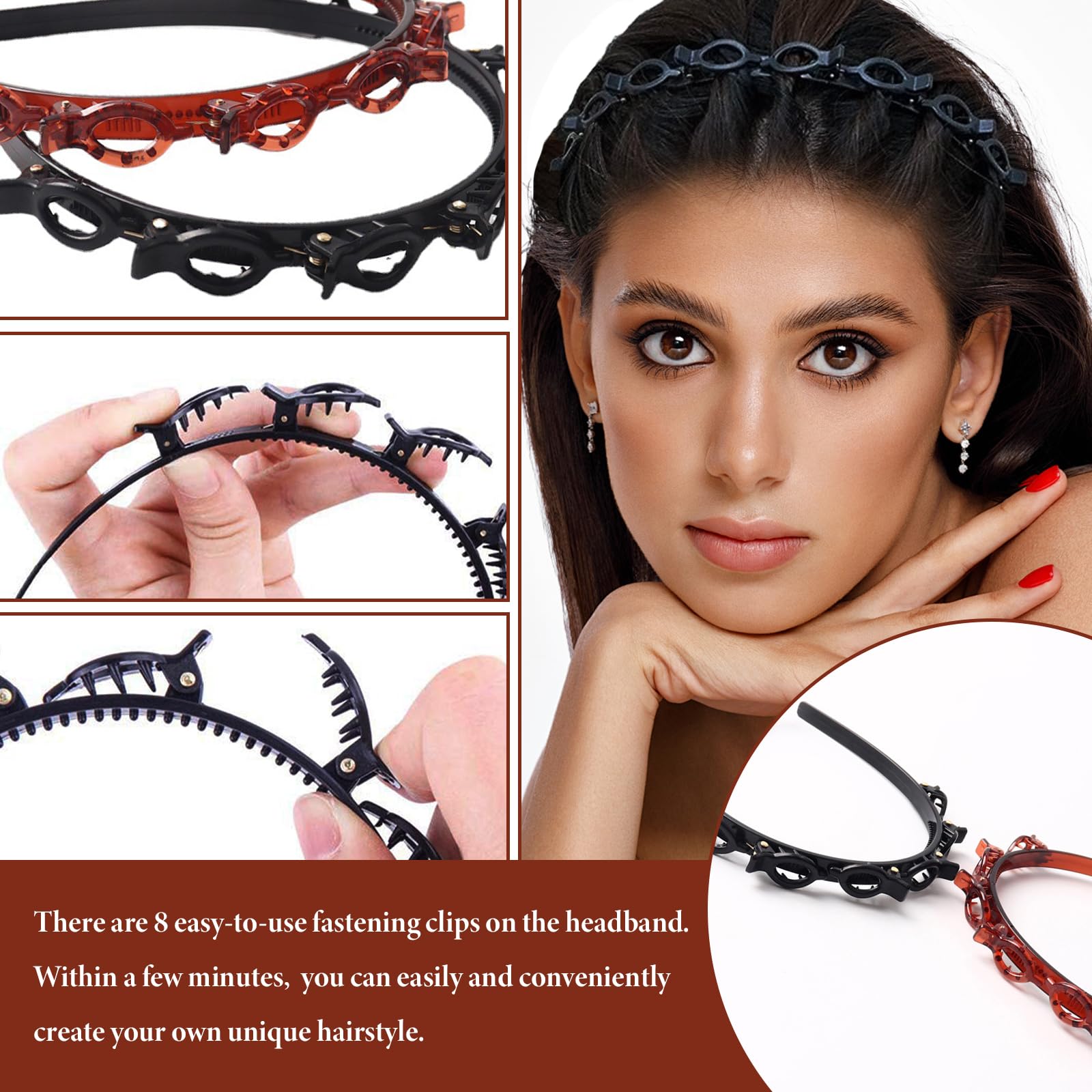 Cerchietto Con Mollette Incorporate 2 Pezzi - Multiuso Per Sport, Trucco E Styling, Nero/marrone, Per Frangia E Acconciature