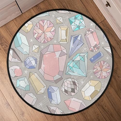 Miniatura 6 de Alfombra redonda de 3 pies con patrón de piedras preciosas de dibujos animados, lavable, antideslizante, alfombra circular para sala de estar,