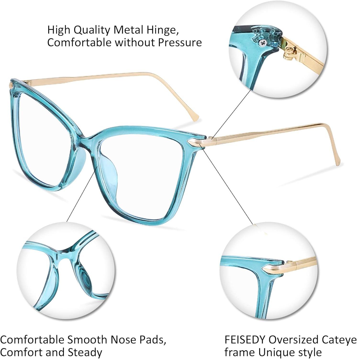 FEISEDY Oversized Cat Eye Glasses Frame with Clear Lenses Eyewear for Women B2460 Lake Blue 53 Millimeters image 4 of 7 B09J7XMZQF