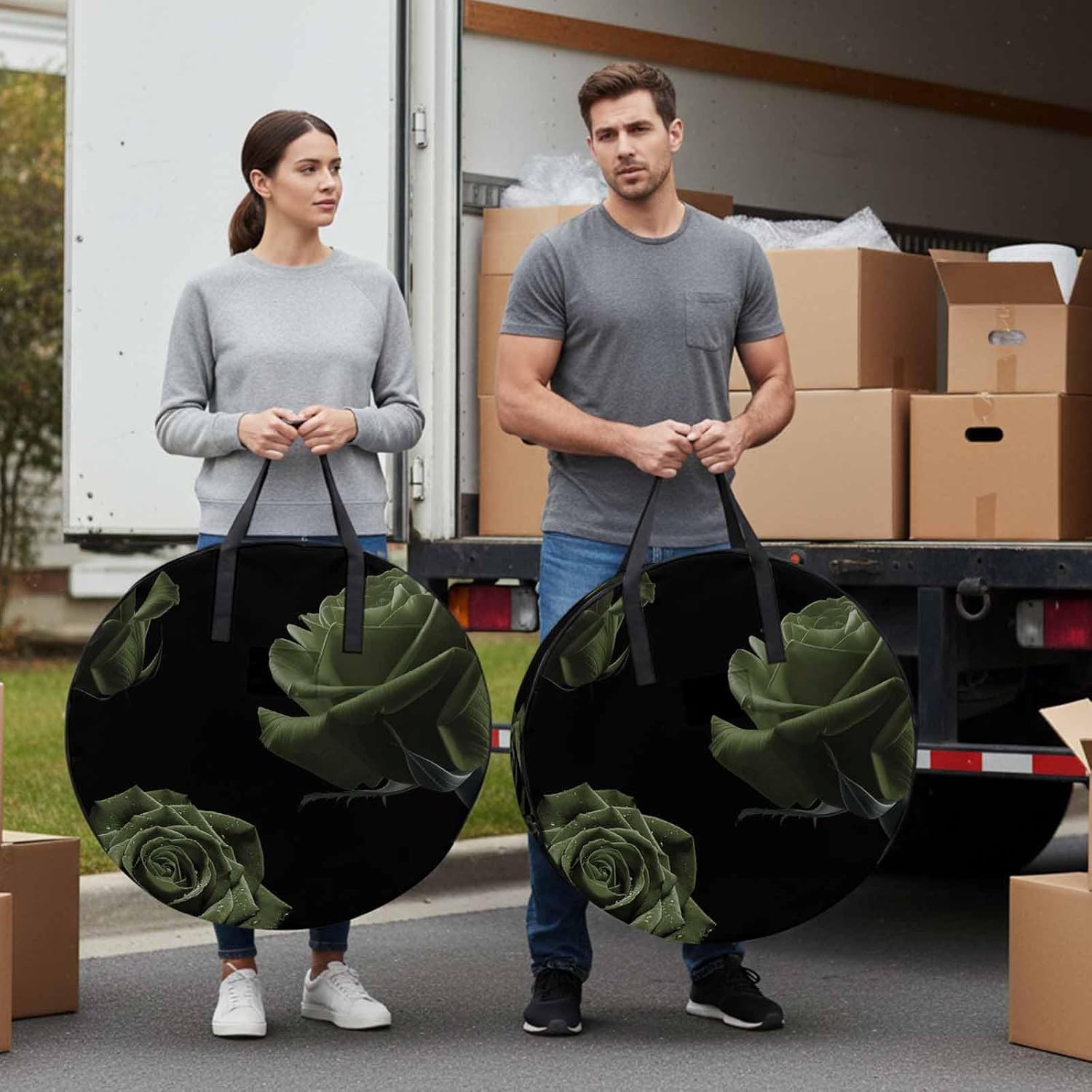 Storage Bag Sage Green Rose Round Storage Totes Bins Closet Organizers with Zippers & Handle Vintage Flower Garden Clothes Storage Container for Bedroom Dorm Space Saving Packing Supplies Moving Bags