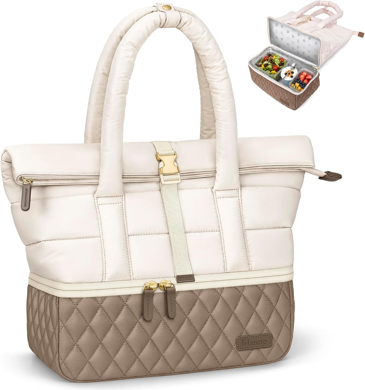 Mancro Lunch Tote Bag for Women, Double Decker Lunch Bag Fit 12 inch iPad