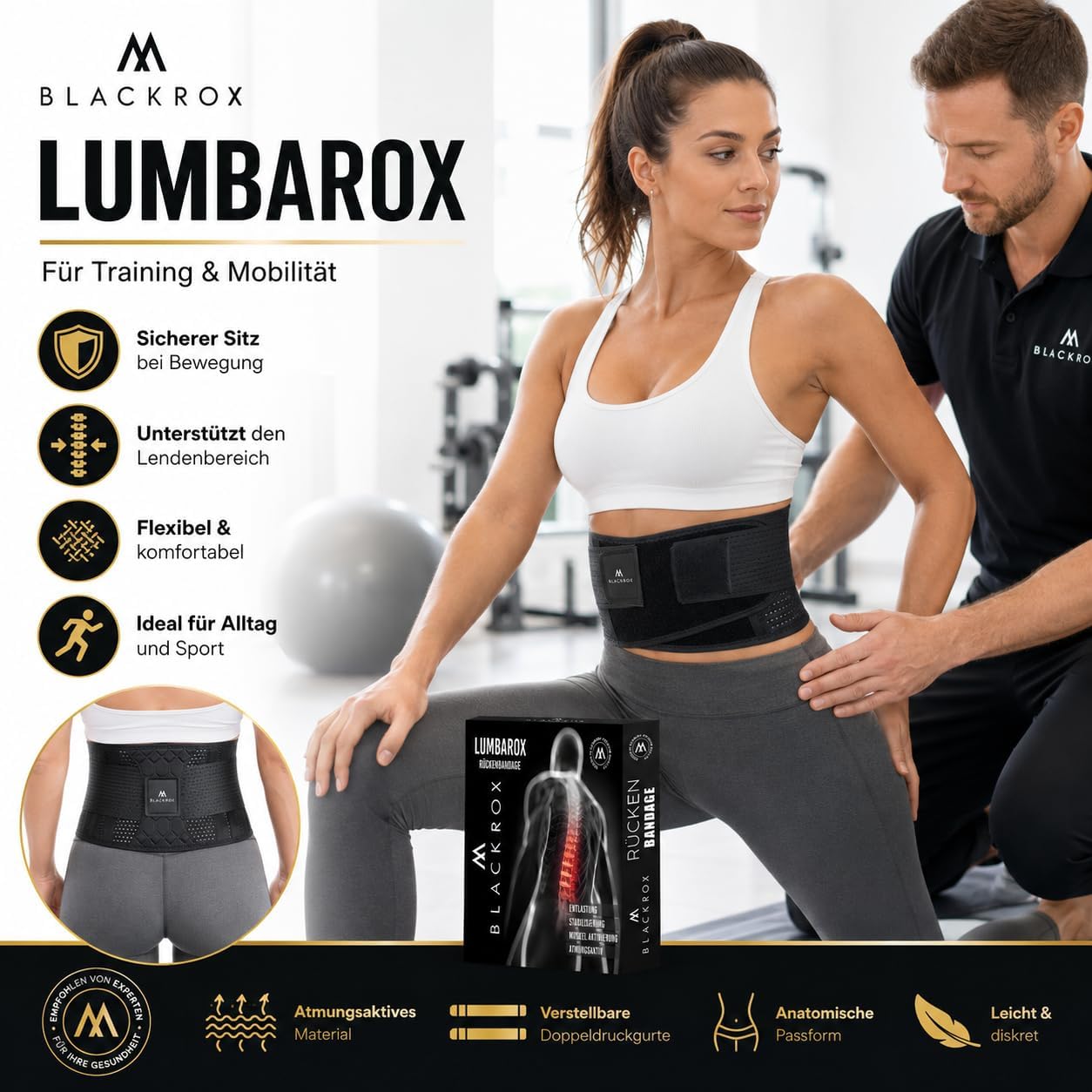 BLACKROX LUMBAROX, cintura di supporto lombare per uomini e donne, stabilizzazione della schiena, cintura di sostegno per la schiena (L, nero)