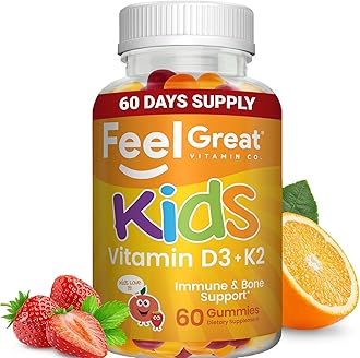 Feel Great Vitamins Vitamin D3 K2 Gummies for Kids – 1000 IU Vitamin D3 + 25 mcg K2 – Peach & Berry Flavored – Supports Bone Health & Immune Support – 60 Gummies