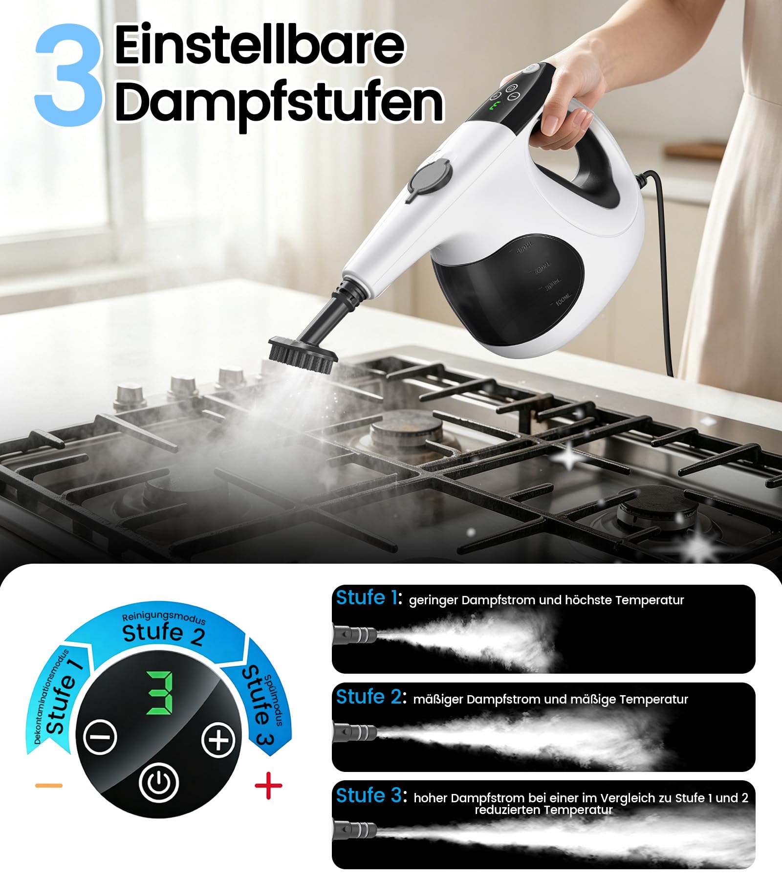 JBER Dampfreiniger Handgerät 1200W für Heim, 3 Sek.Aufheizzeit, 400ML Tank | Vielseitiger Dampfreiniger mit 3 Dampfstufen, 11 Zubehör,110℃ Handdampfreiniger mit 4,8m Netzkabel für Küche, Bad, Fenster