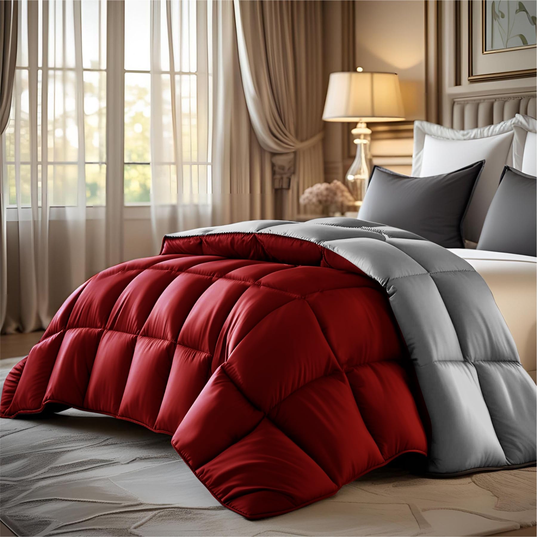 Epinch® Reversible Comforter Soft as Feathers | 300 GSM Filling AC Room Comforter with 8-Corner & Side Loops | Lightweight Blanket/Quilt for Home & Hotel (Burgundy & Light Grey, Double_90 X 100 Inch)-image-28