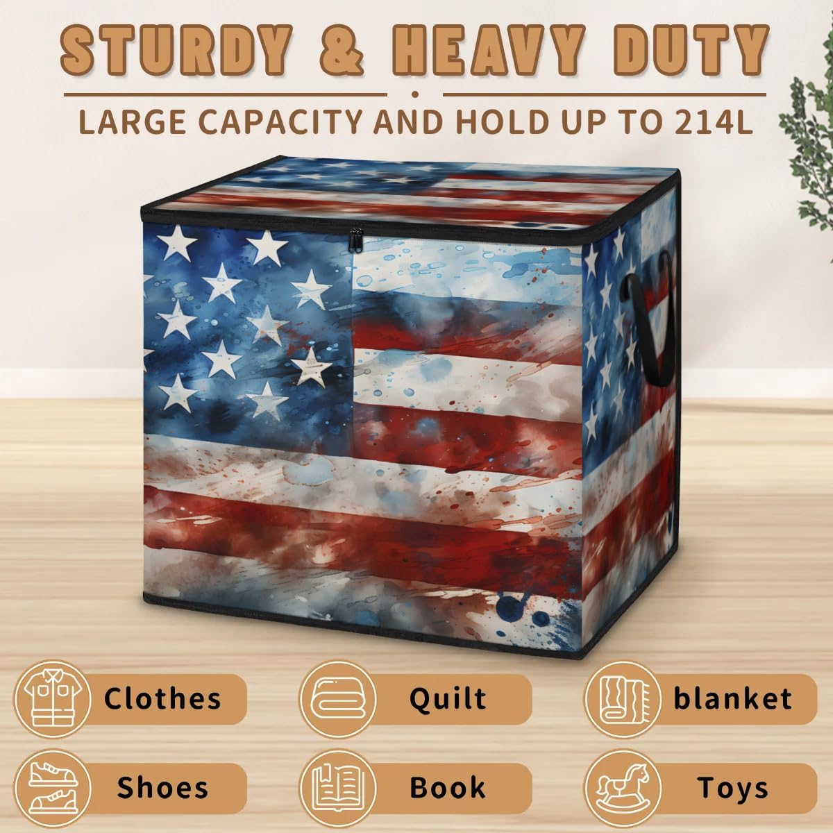 Honeybaby 214L Extra Large Comforter Storage Bag Stars and Stripes Retro Storage Totes with Lids Waterproof Closet Organizer Folding Blanket Storage Bags for Clothes Bedding Pillows