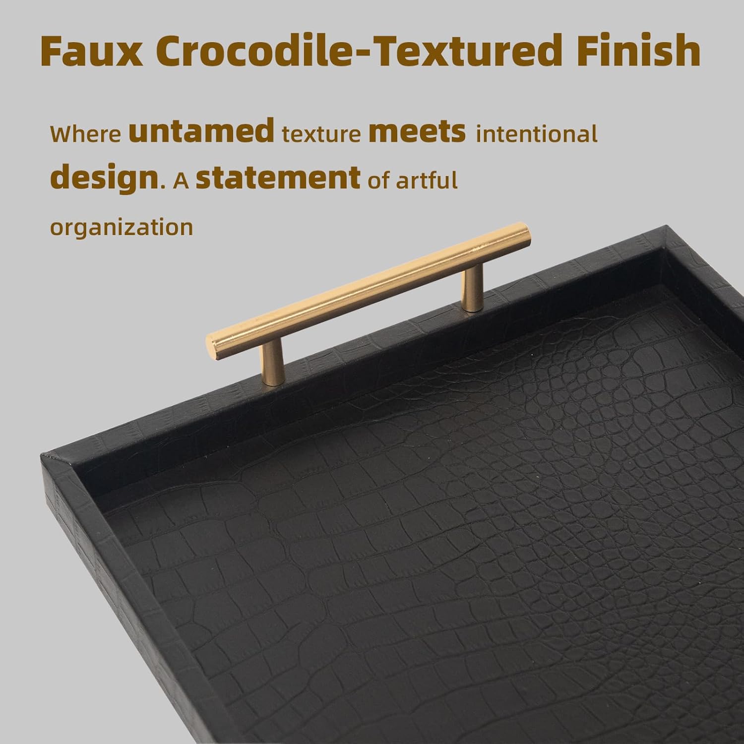 Set of 2 Modern Elegant Large Wood Serving Tray, Rectangle Decorative Tray Ottoman Tay Coffee Table Tray, Black Crocodile Leather with Gold Polished Metal Handles - Image 5