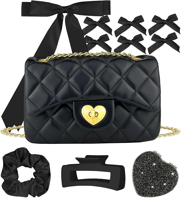 Teen Girl Purse Gift Set, CA65 for 12+, Quilted Crossbody Bag with Bows, Cute Shoulder Purse for Tween Girls