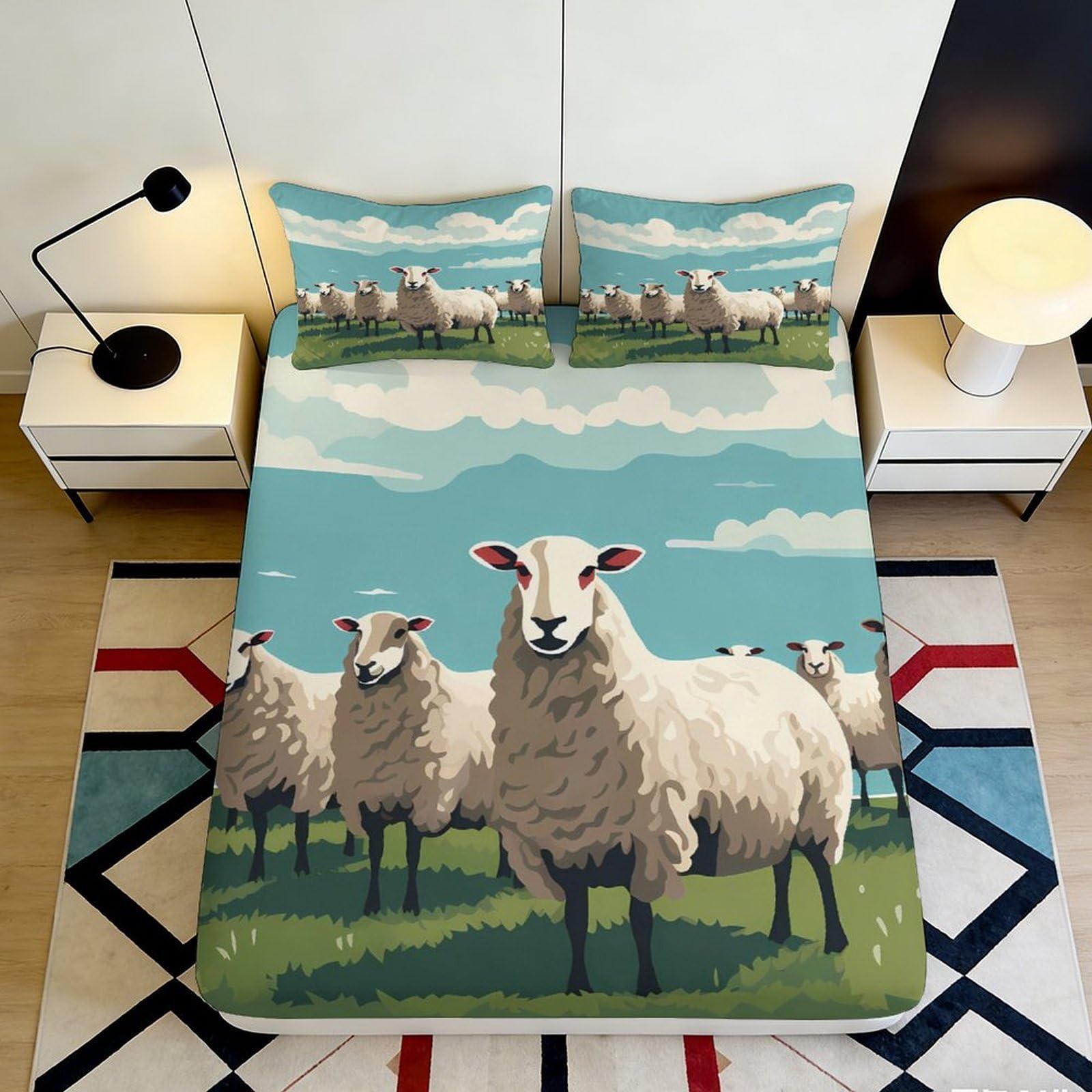 Pnayamiorkfel Style-9 3D Printed Pastoral Sheep Fitted Sheet Microfiber Farm Meadow Mattress Cover Anti-Slip Washable For Bedroom Guest Room Decor 90X200x25cm