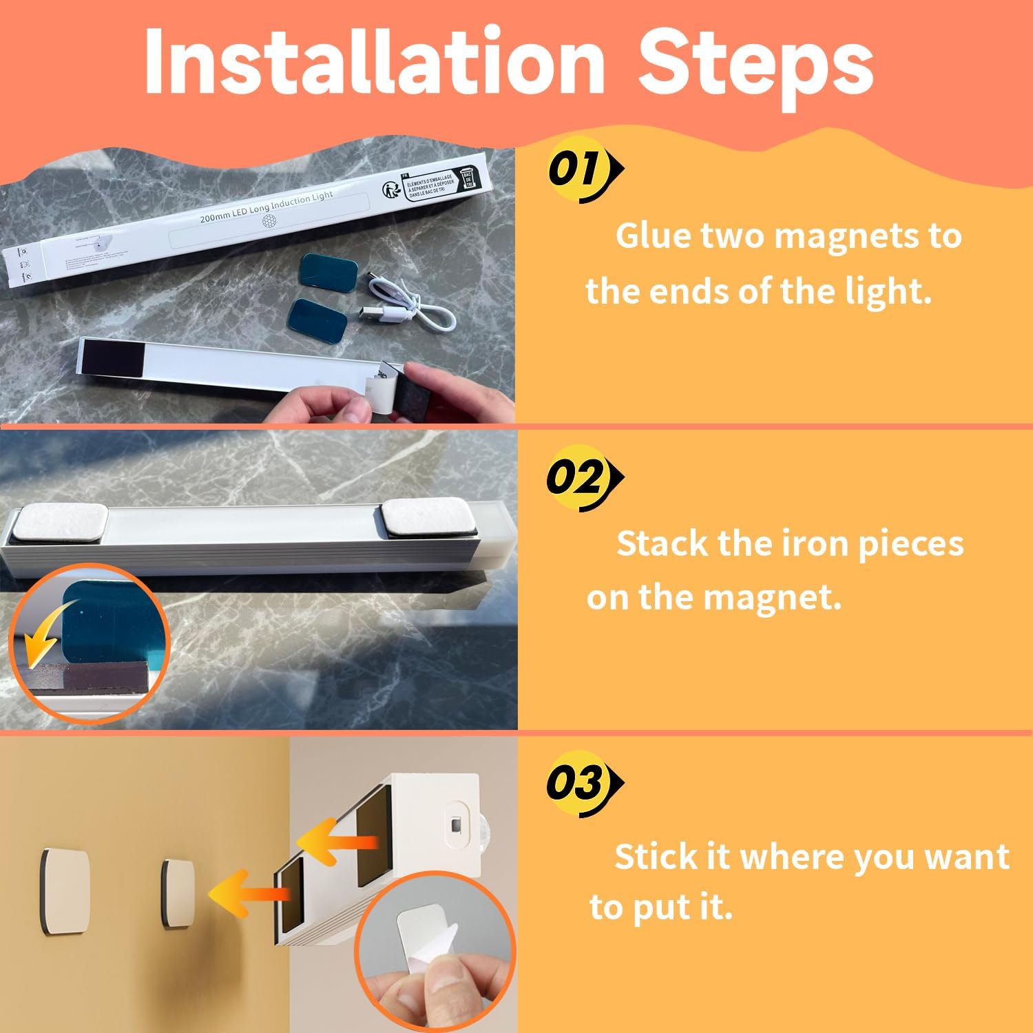 6 Pack Under Cabinet Light,Rechargeable Indoor Wireless Closet Lights for,Stairs Cabinet,Kitchen,Motion Sensor LED Lights with Magnetic 8 inch