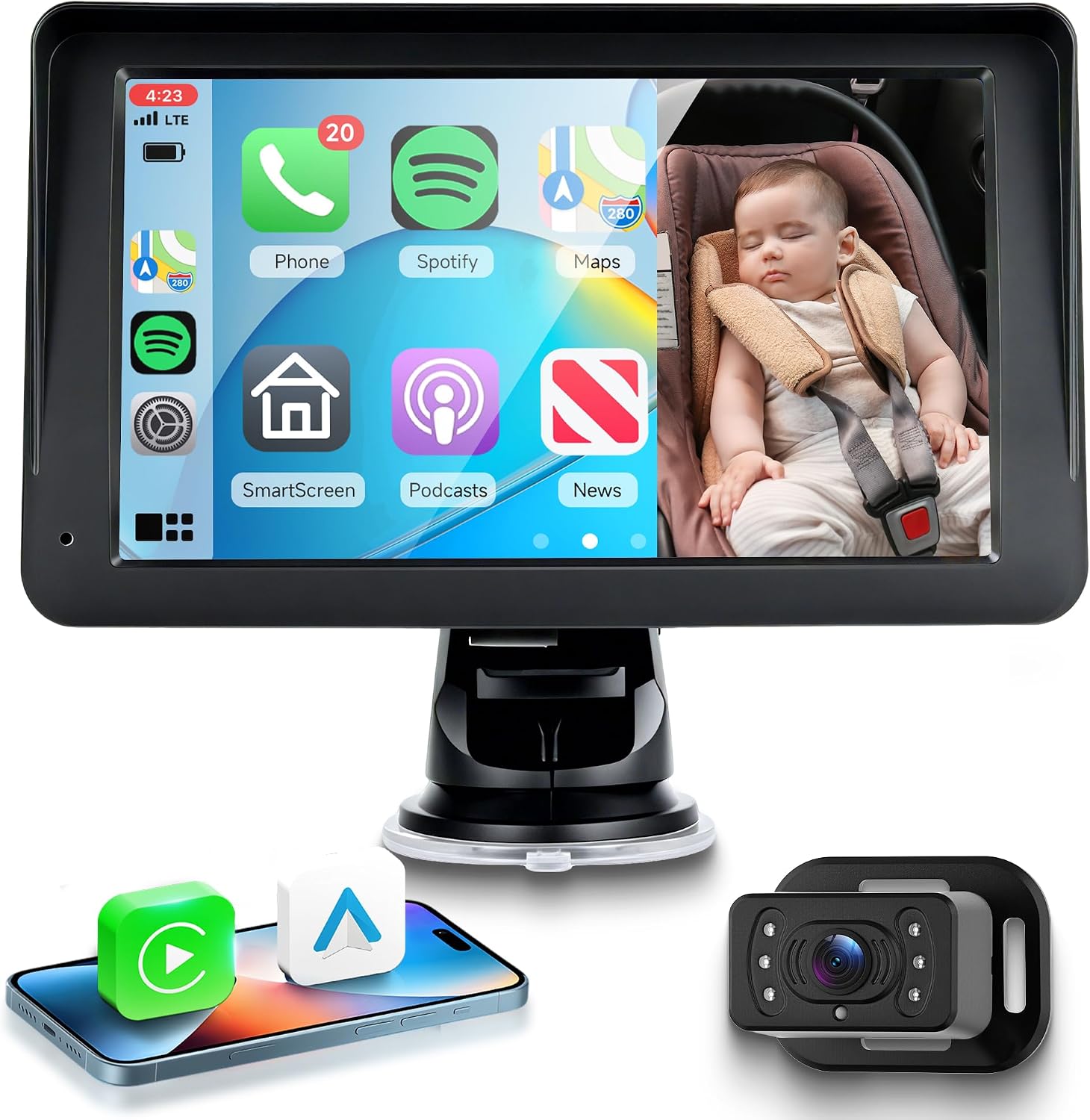 Baby Car Camera for Backseat HD 1080P Support Wireless Carplay Android Auto Super Link, 7” IPS Screen Facing Car Baby Monitor, Support Night Vision Adjustable View Angle Easy Setup FM BT GPS
