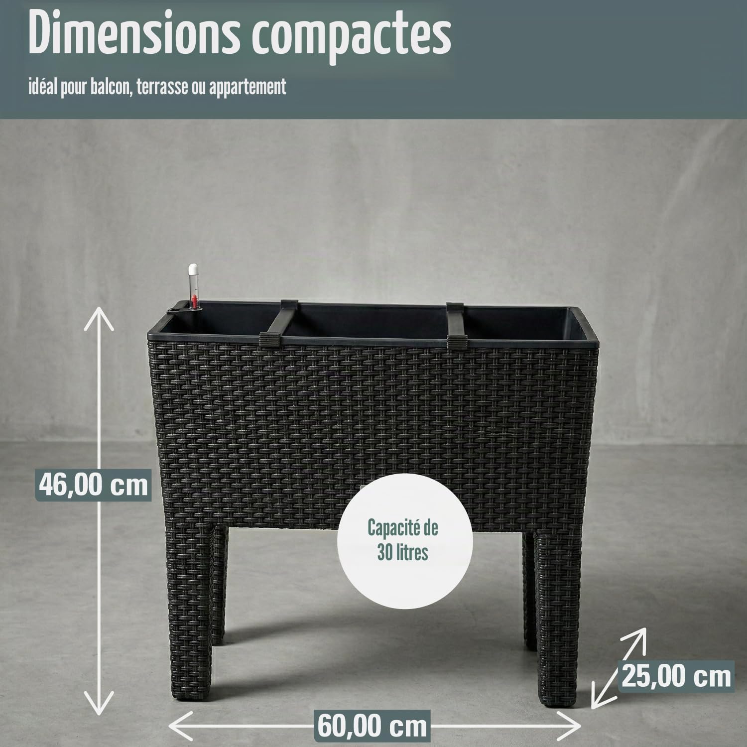 PROSPERPLAST Jardinière surélevée anthracite en polyrotin 3 compartiments 60x25x46 cm Bac à fleurs sur pieds 30 L