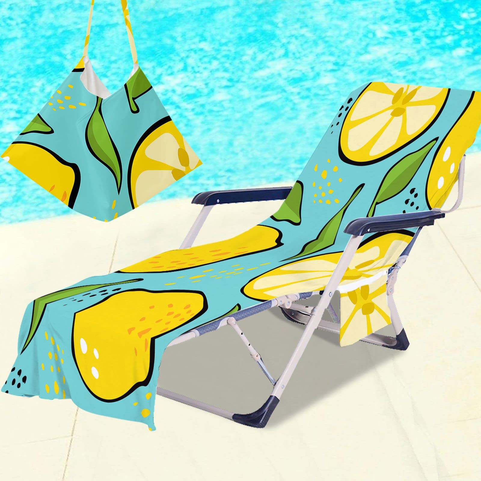 RRrawgff Beach Towel with Pockets for Loungers, Summer Style Beach Chair Cover Towel Fitted Microfiber Sunbed Towel Sun Lounger Towels for Summer Outdoor Garden Pool Vacation (Yellow Lemon)