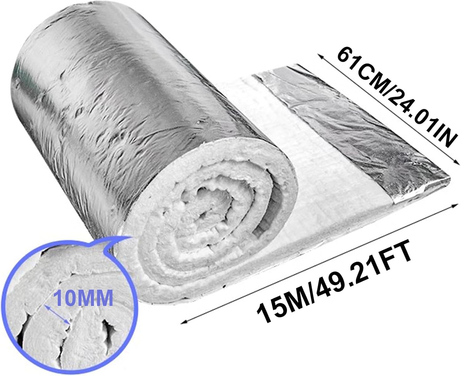 2300F Fireproof Insulation Blanket High Temperature Ceramic Fiber Insulation Baffles Foil Backed Heat Shield Blanket 24" x 49.2' for Pizza Oven Stoves, Kilns, Forges, Pipes Insulation