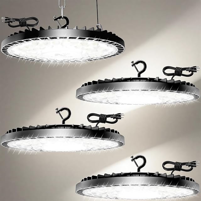 320W paquet de 4 UFO Lumière de haute baie LED Lumières de magasin, 45000LM Lumières de garage, 6500K LED Lumière de la grange, lampe industrielle w/ 6.6ft Cord d'alimentation de prise, IP65 Lampe de travail étanche pour atelier d'entrepôt Gym usine