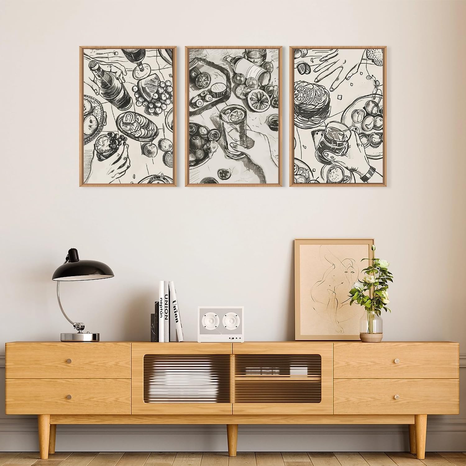 lianyibo Duży obraz na płótnie w stylu retro, obrazy ścienne w stylu połowy wieku na temat "Spotkania i kolacja" do kuchni i jadalni (60 x 90 cm x 3 / rama wewnętrzna)