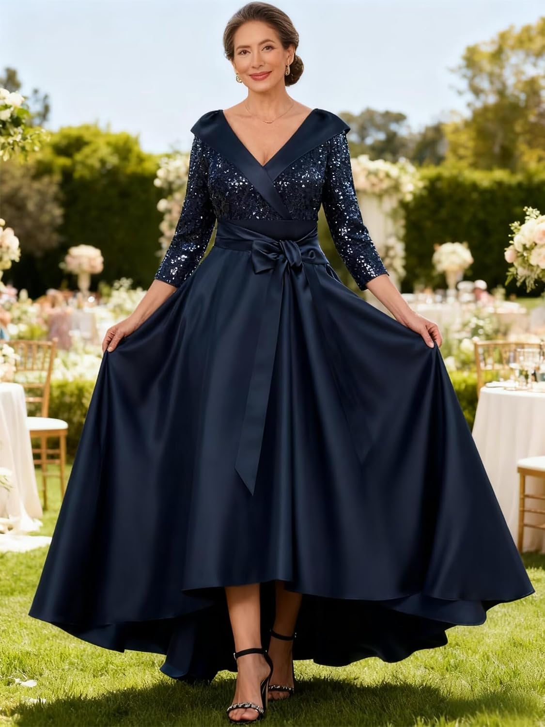 Sequin Mother of The Bride Dresses for Women Satin V Neck Elegant 3/4 Sleeve Sparkly A Line Evening Party Dress