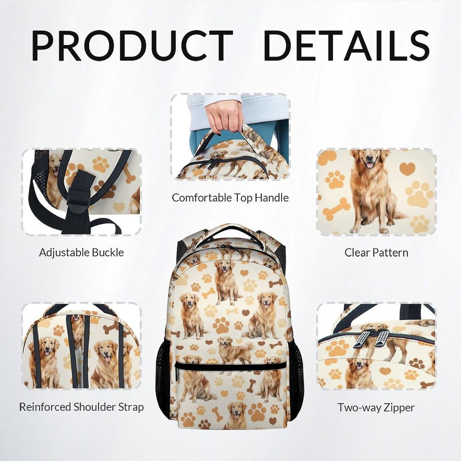 Kids Backpack with Lunch Box, 3 in 1 Cute Dog Bookbag for Elementary Middle, 17 Inch Golden Retrievers School Bag Set for School Travel