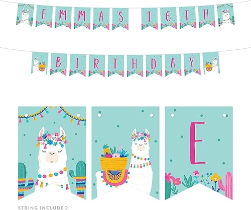 Miniatura 1 de Andaz Press Fiesta de cumpleaños de llama y cactus, banderín colgante personalizado con cuerda, cumpleaños número 16 de Emma, 5 pies, 1 juego,