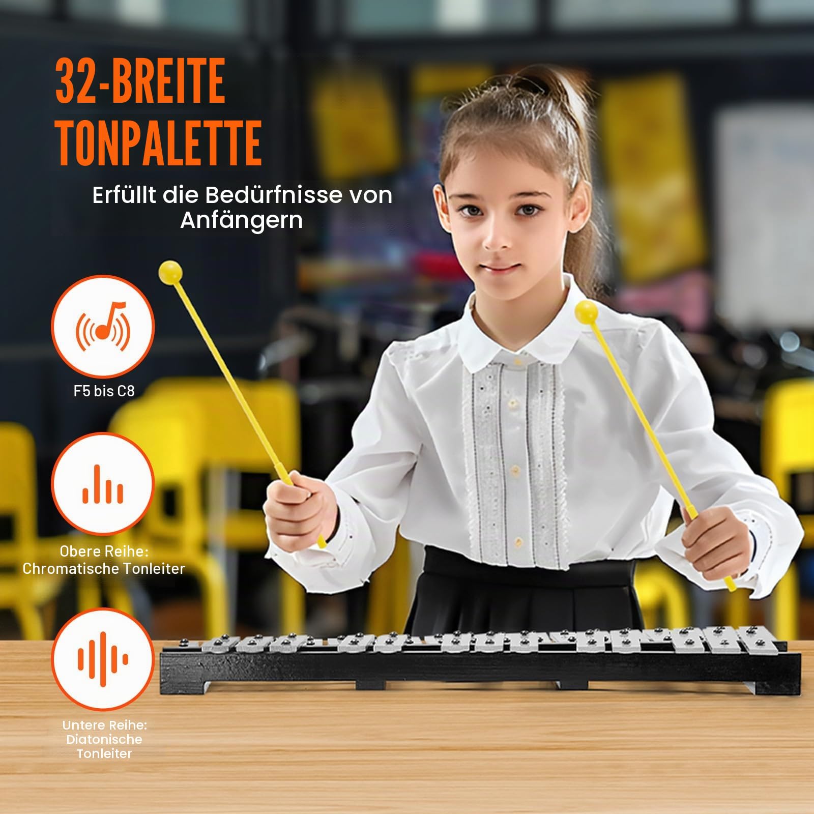 VEVOR Glockenspiel-Xylophon-Set mit 32 Tönen, Schlaginstrument mit Schlägeln, Trommelstöcken und Tragetasche, professionelles Glockenspiel-Xylophon-Schlaginstrumentenset für Erwachsene und Schüler
