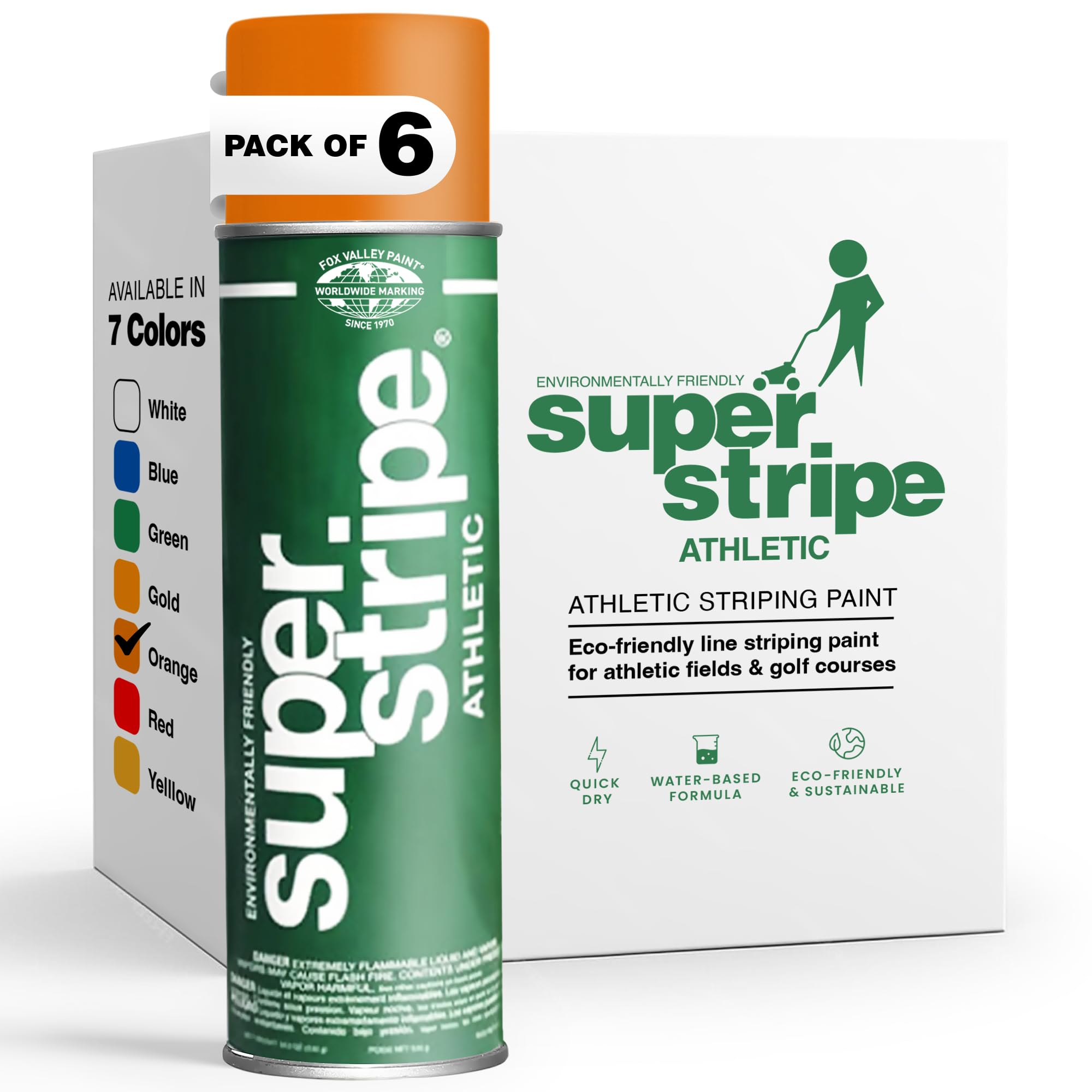 Fox Valley Athletic Field Marking Spray Paint – Water-Based Marking Paint, Vibrant, Fast-Drying & Long-Lasting – For Grass, Turf, Dirt, Sports & Outdoor Fields – Athletic Hot Orange, 18 oz (6-Pack)