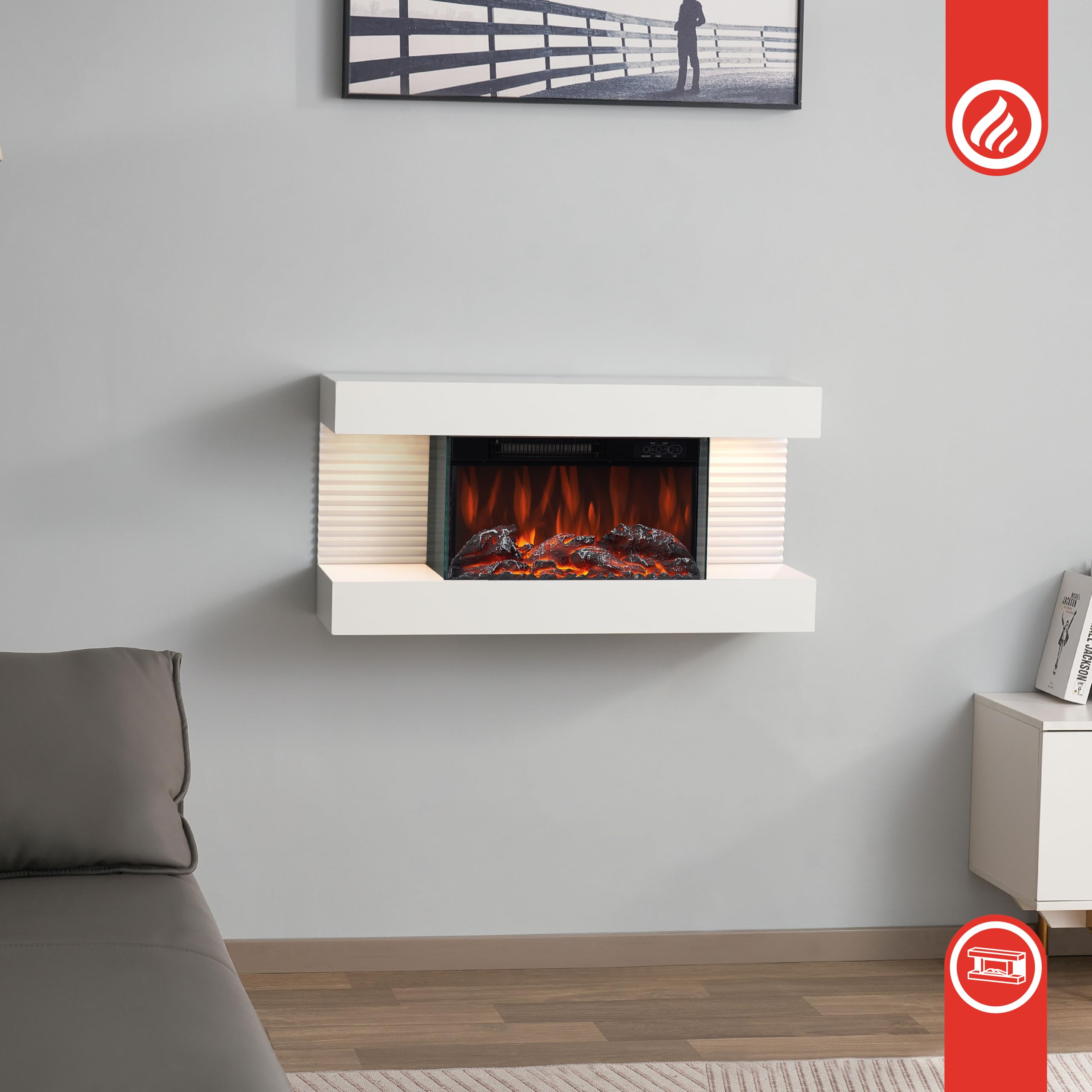 KAMINIO Eléctrica Chimenea Liz - Chimenea eléctrica de Pared con calefacción, Efecto de Llama 3D, Luz Ambiental LED, Control Remoto (Blanco)