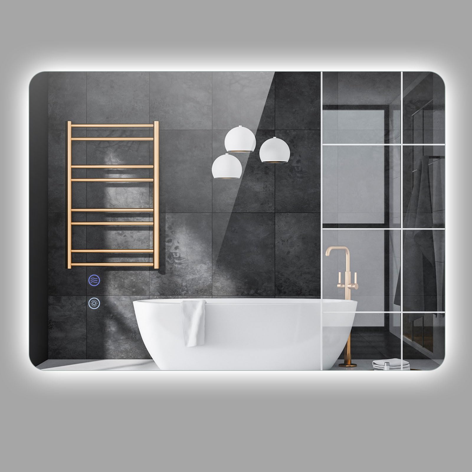 FANTASK Specchio da bagno rettangolare a LED, in vetro temperato, con controllo touch, dimmerabile, funzione anti-appannamento e memoria (70 L x 50 B)