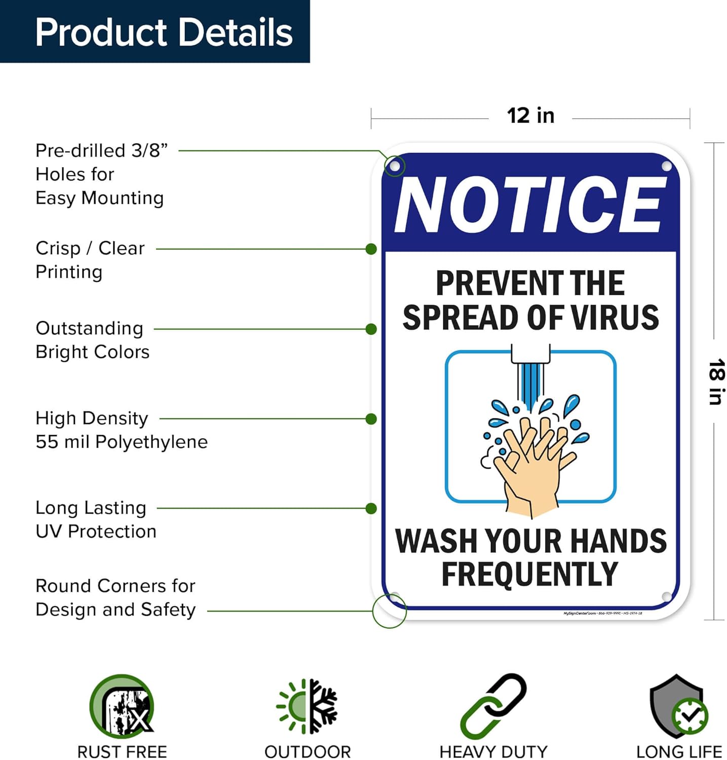 Prevent Wash Your Hands Frequently Sign, 12x18 Inches, 55 mil thick HDPE (high density polyethylene), Made in USA by My Sign Center