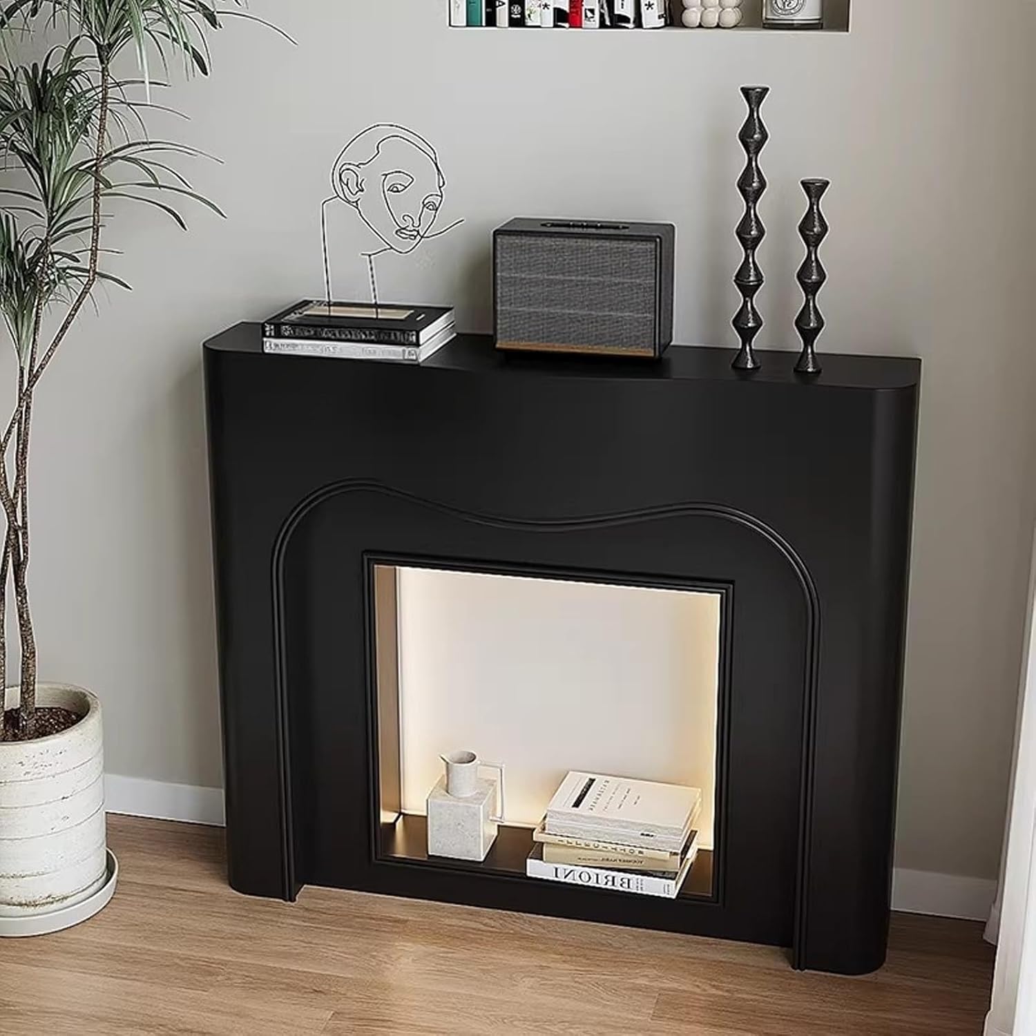 Mantels Surround Modern Curved Fireplace Mantel Surround Decorative Cabinet Black & White Home Decor(Black)