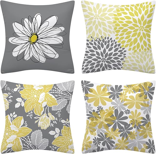 Fullfun Floral yellow and gray cushion covers, Double sided grey flowers throw pillow covers, Pack of 4 square daisy pillowcase for living room & bedroom 45 cm x 45 cm(18 x 18 inch)