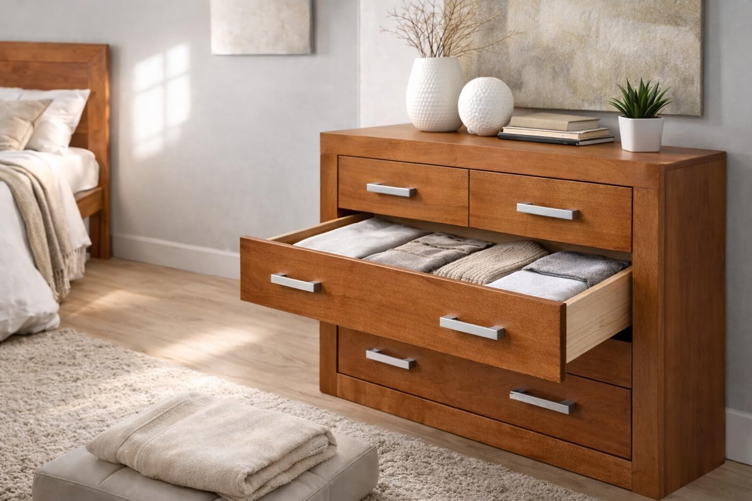 Cómoda Dormitorio con Cajones – Madera de Pino Macizo, Serie Kalpe Acabado Cerezo, Cajonera Auxiliar Robusta para Dormitorio 80x95x40 cm