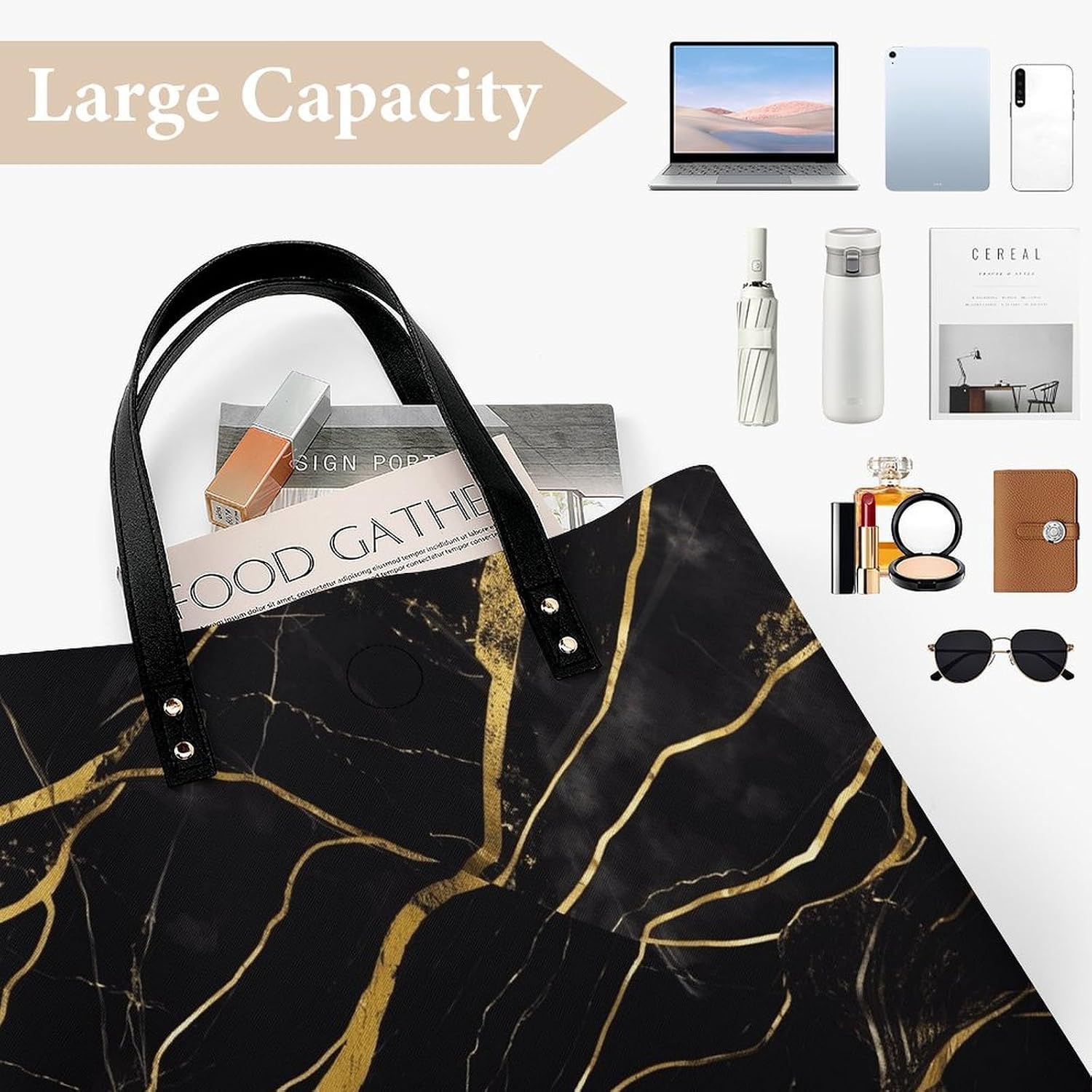 Black And Gold Marble Texture Tote Bag with Magnetic Buckle Reusable Grocery Bags Lightweight Cross Body Handbag for Daily Essentials