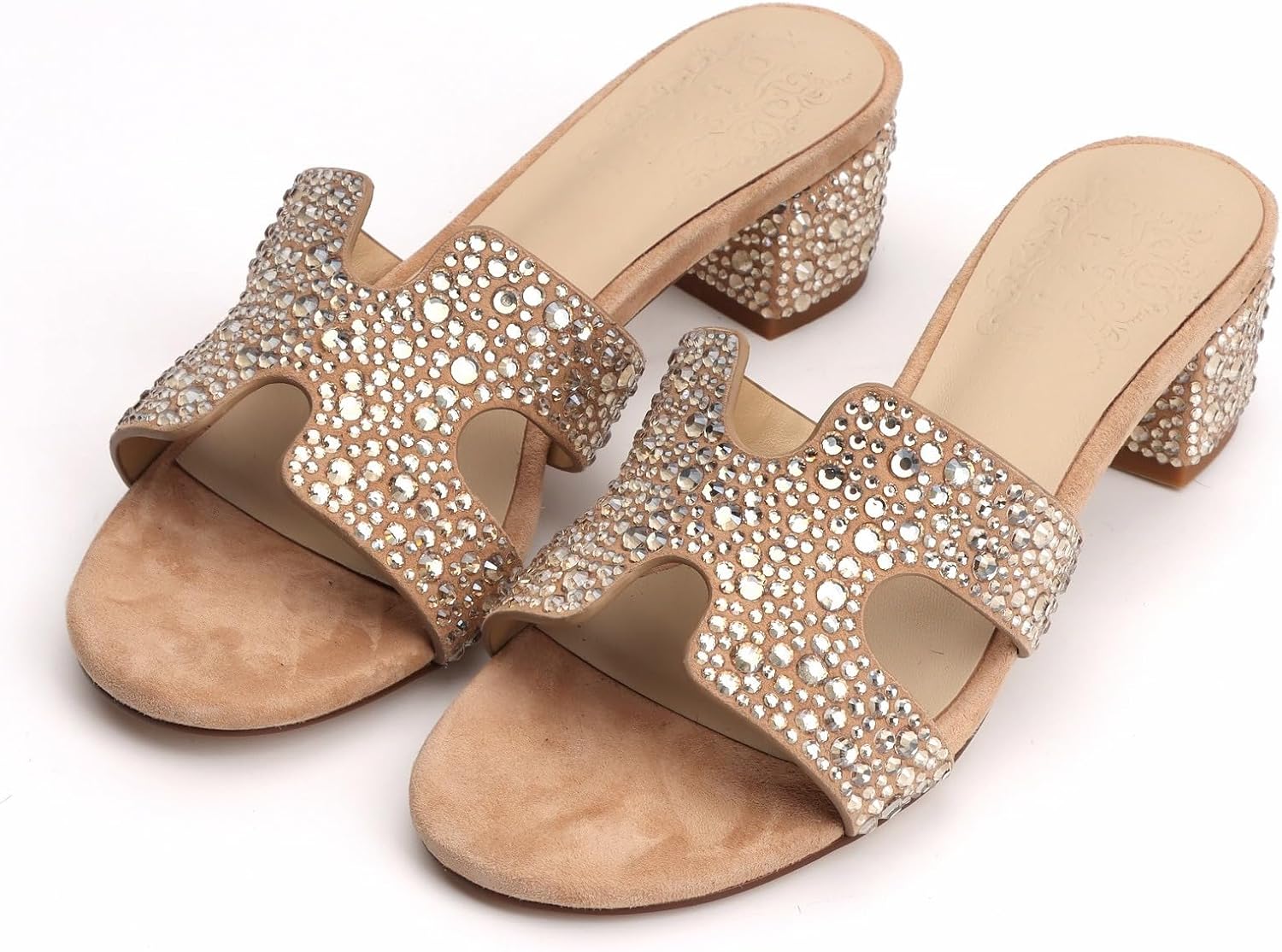 XOBZJH Evening Dress Shoes Rhinestone Black Block Heeled Sandals for Women 2025,Designer Luxury Crystals Slides H Sandals for Wedding Party Footwear