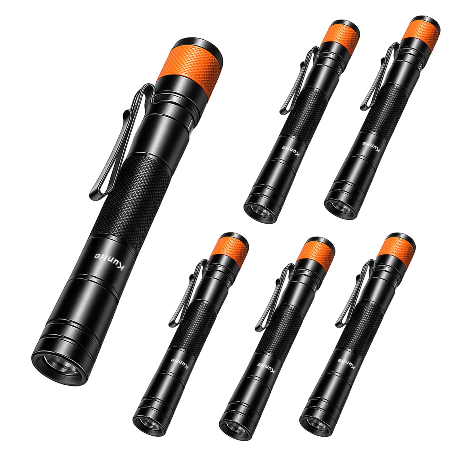 Photo 1 of [PARTIAL SET: 3 ARE NONFUNCTIONING] KunHe 6-Pack 170 Lumen LED Portable Penlight IPX4 Waterproof Powered by 2 AA Batteries (Not Included) Single Mode Easy to Use Clip-On Suitable for Inspections Camping and Everyday Use