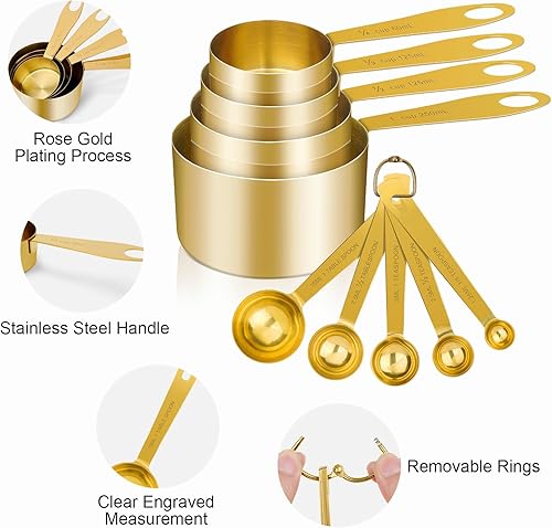 Miniatura 3 de GuDoQi Juego de 9 tazas y cucharas medidoras, mango de acero inoxidable con medidas métricas y estadounidenses, acabado pulido dorado, taza medidora