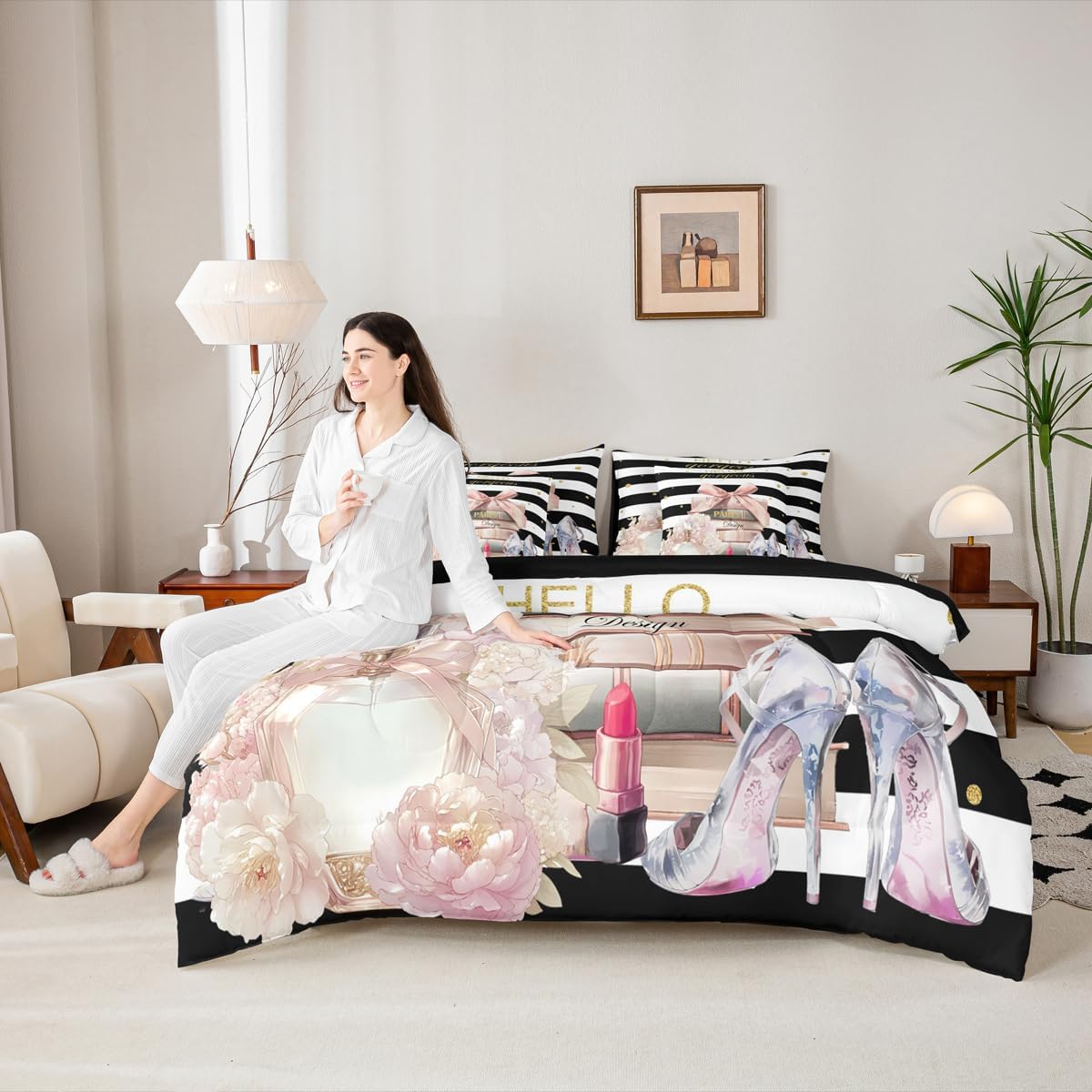 jejeloiu Pink Fashion Comforter Set with Sheets Full Size Kids Black White Striped 7 Pieces Bedding Set for Boys Girls Teens Floral Bed in a Bag Breathable Perfume High Heels Books Bedroom Decor