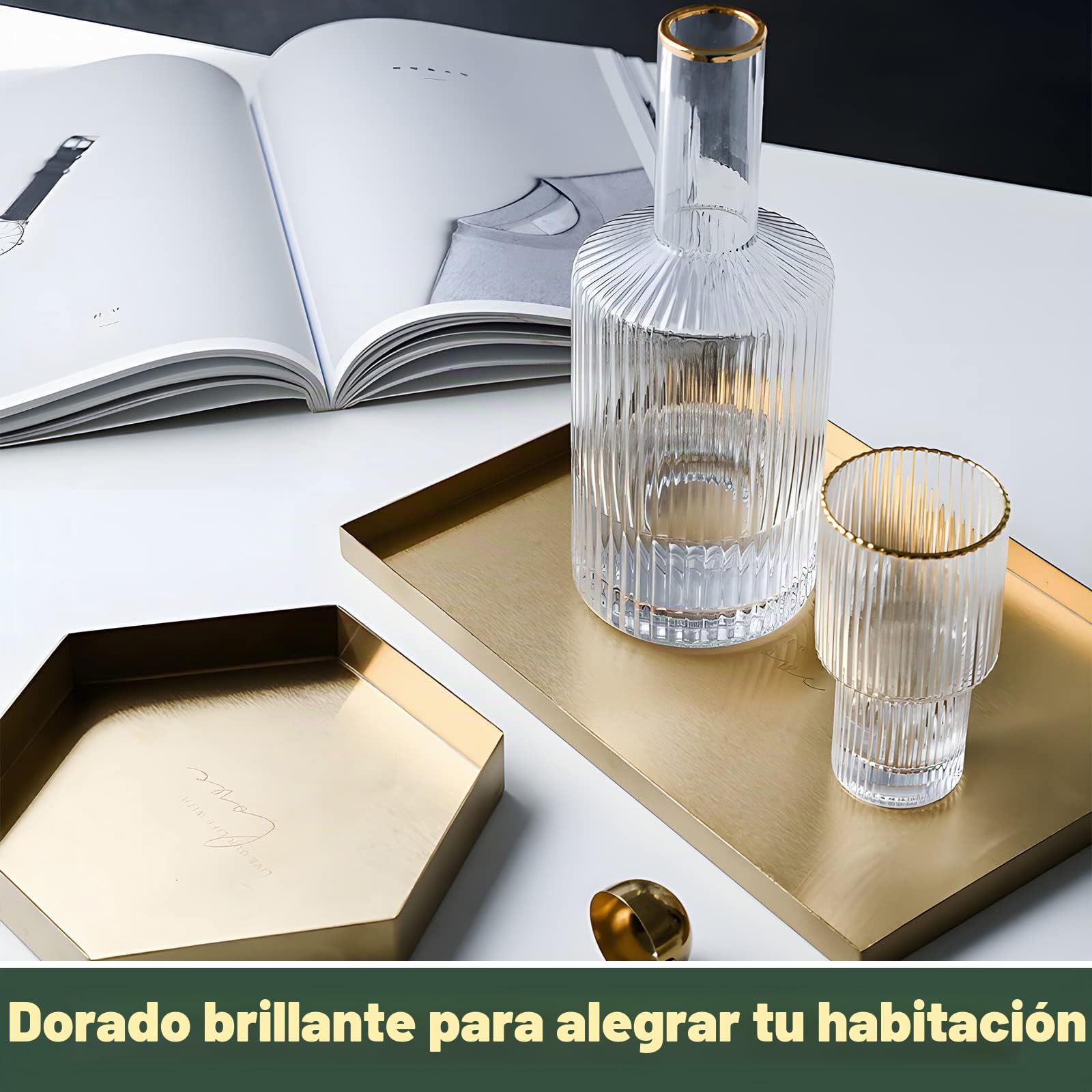 Bandeja de Almacenamiento Decorativa de Acero Inoxidable, Bandeja Organizadora de Almacenamiento de Metal Rectangular Dorada,Vajilla de Cocina para el Hogar Moderno,Joyería, Maquillaje, Artículos