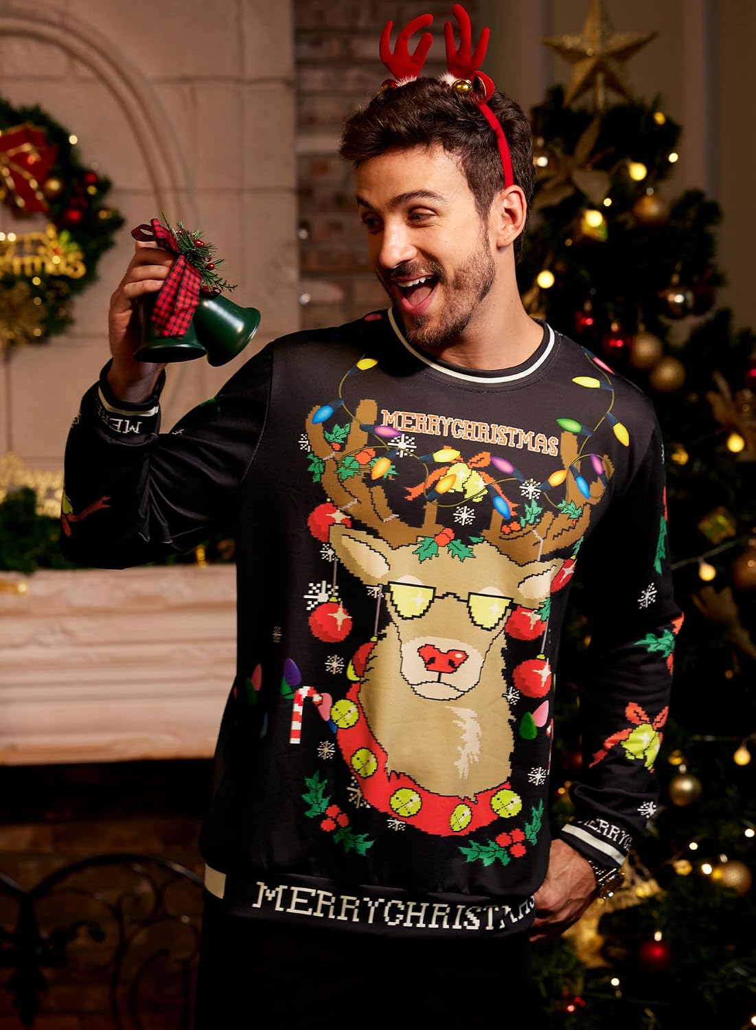 Arvilhill Christmas Mens Funny Xmas Long Sleeve Ugly Sweatshirt Party Reindeer Bell 3D Printed Holiday Sweaters XL