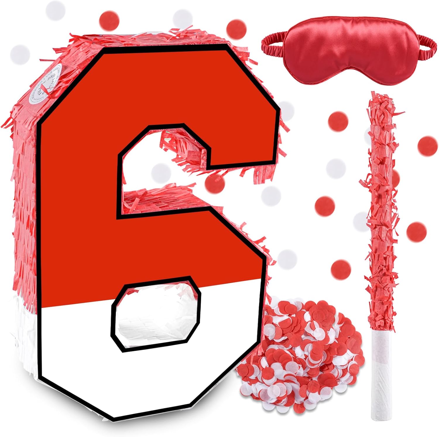 16 Inch Red and White Number 6 Pinata, Birthday Pinata with 16 Inch Piñata Stick Blindfold Confetti for Kids 6th Birthday Party Decorations