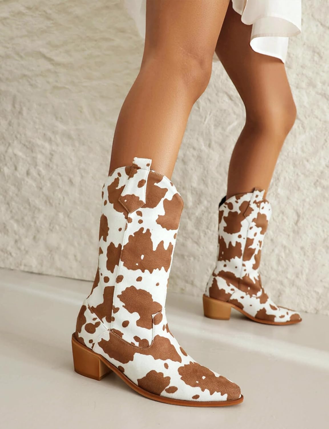 Cowboy Boots for Women Mid Calf Cowgirl Western Boots Cow Print Pointed Toe Chunky Heel Shoes US4-11