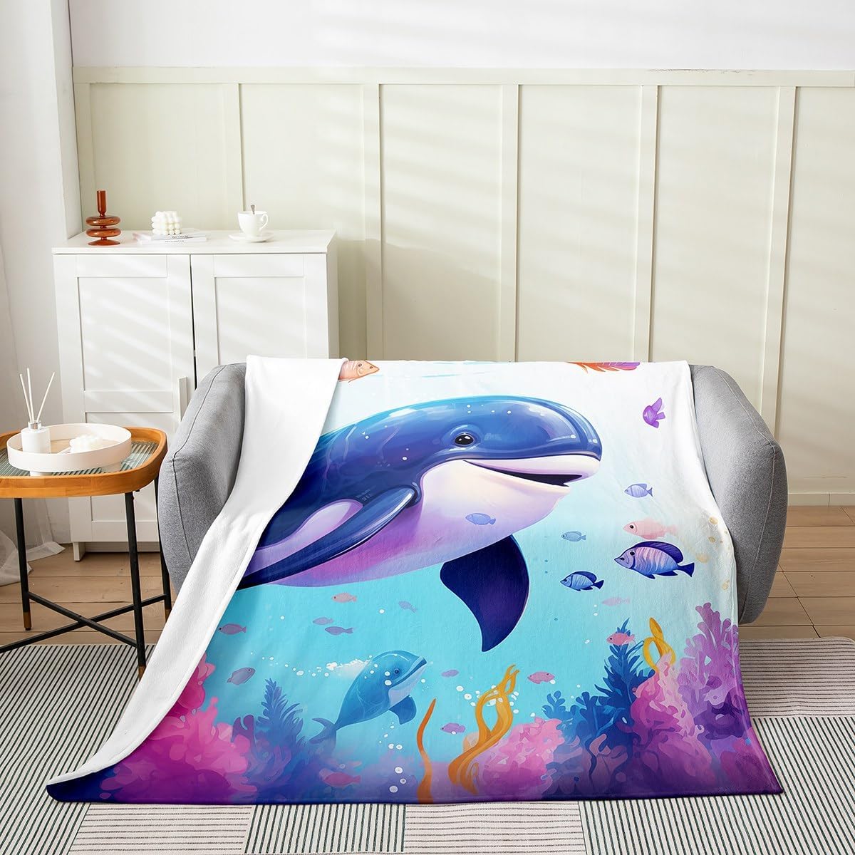 Whale Fleece Blanket,Kawaii Ocean Animal Tropical Fish Bed Blanket for Kids Teens,Undersea World Colorful Coral Dreamy Flannel Blanket for Room Decor,Queen 90"x90"
