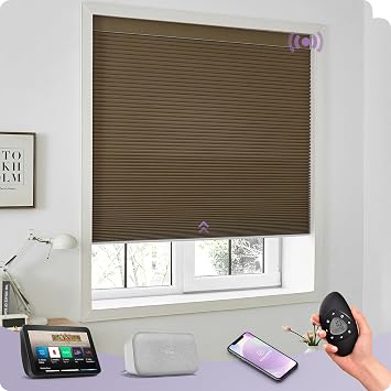 Graywind Smart Custom Cellular Shades Compatible with Alexa Google Blackout Rechargeable Motorized 5/8" Single-Cell Honeycomb Window Shades Remote Accordion Blinds, Brown