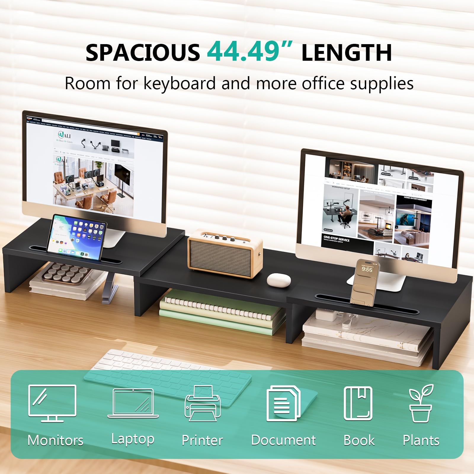 WALI Extra Long Wooden Dual Monitor Stand Riser with 2 Slots, up to 22lbs view 2
