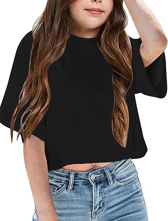 Girls Summer Round Neck Short Sleeve Crop Tees Casual Loose Fit Tees