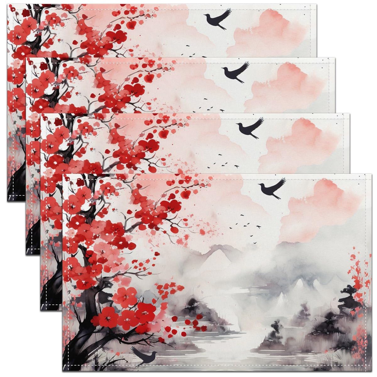 Richhome Red Gray Ink Painting Style Placemats Watercolor Red Plum Blossom Table Mats For Kids Teens Adults Cute Bird Natural Mountain Scenery Kitchen Mats For Dining Table 12X18 Inch Set Of 4
